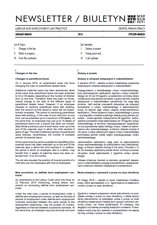 Biuletyn prawa pracy styczeń - marzec 2016