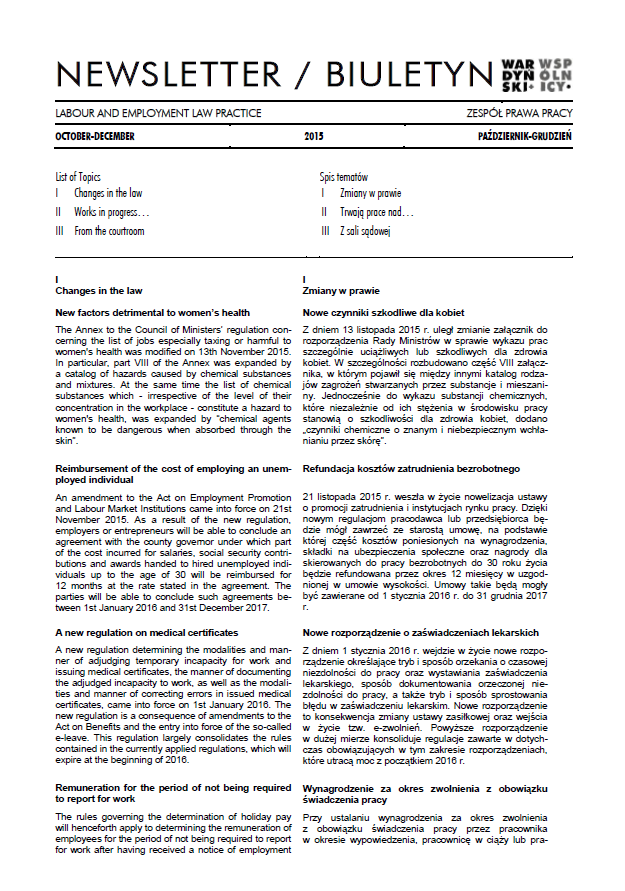 Biuletyn prawa pracy, październik - grudzień 2015